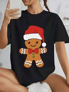Lindo Hombre de Jengibre con Gorro Festivo de Santa Claus y Lazo, Simbolizando la Alegría Navideña, Camiseta de Mujer 100% Algodón - Negro - Ver 7