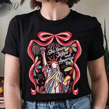 Women's T-Shirt, Oversized Y2K Style, With Christian Patriotic Graphic Print "She Loves Jesus And America Too", 4th Of July Print, Casual, Short Sleeve, Round Neck, Aesthetic, Coquette Style, Vintage Western. - 黑色 - 查看 1
