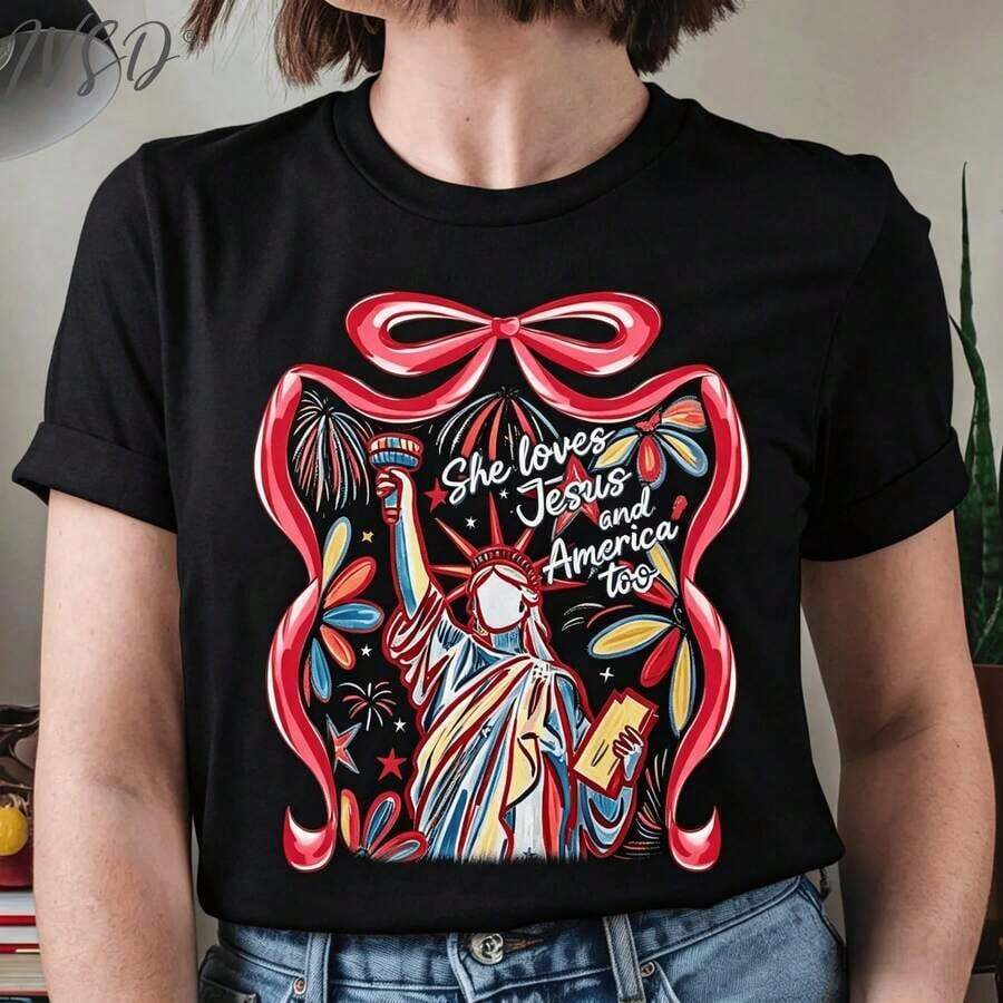 Women's T-Shirt, Oversized Y2K Style, With Christian Patriotic Graphic Print "She Loves Jesus And America Too", 4th Of July Print, Casual, Short Sleeve, Round Neck, Aesthetic, Coquette Style, Vintage Western. - 黑色 - 查看 1