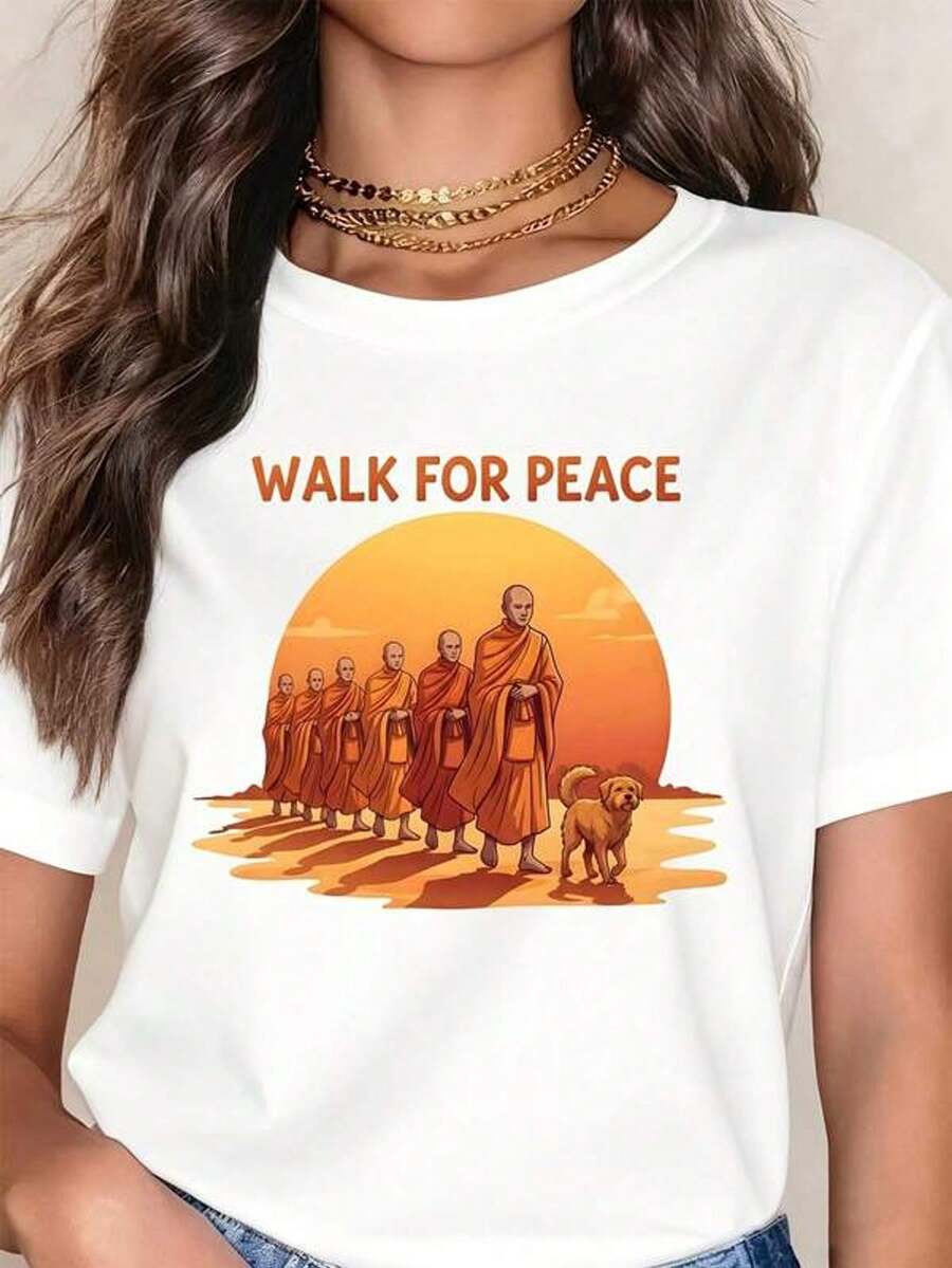 Women's Casual Short Sleeve Crew Neck T-Shirt With Print: Walk For Peace Monks Sunset Dog, Sizes S-3XL. Fashionable, Comfortable, Breathable, And Machine Washable. - 白色 - 查看 1
