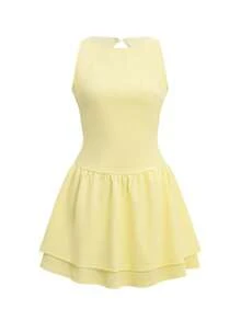 Đầm mini Vaiaye màu vàng bơ, cổ tròn, hở lưng, kiểu dáng tối giản - Đầm ôm không tay, thanh lịch mùa hè, thích hợp cho đường phố, đi biển và nghỉ dưỡng. - Màu vàng - Xem 3