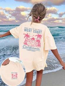 Women's Short-Sleeved T-Shirt With A Round Neck, Casual, Minimalist, And Versatile Style, Featuring A Palm Tree Print And Slogan, Suitable For Everyday Wear. Printed T-Shirt, Vacation. Summer - 杏子 2 - 查看 7