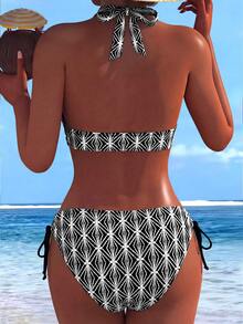 Adjustable Geometric Halter Bikini, Women Beach Holiday Swimwear Set Vacation - Black - View 2