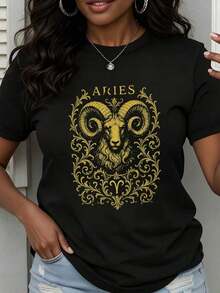 Women's Casual Loose Fit T-Shirt With Aries Zodiac Print And Gold Ornamental Design For Everyday Wear And Astrology Lovers - 黑色 - 查看 7