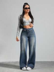 Tall Jeans casuales para mujer de talle bajo, corte recto, holgados, pantalones vaqueros azules para mujer de talla grande - Negro - Ver 4