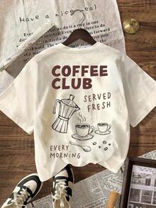 1 pieza de camiseta vintage para mujer, estilo Coffee Club, para verano, playa, blusas casuales para mujer, camiseta casual de manga corta con cuello redondo para mujer - El mejor regalo, camiseta estampada de manga corta, camiseta gráfica suave. - Albaricoque - Ver 2