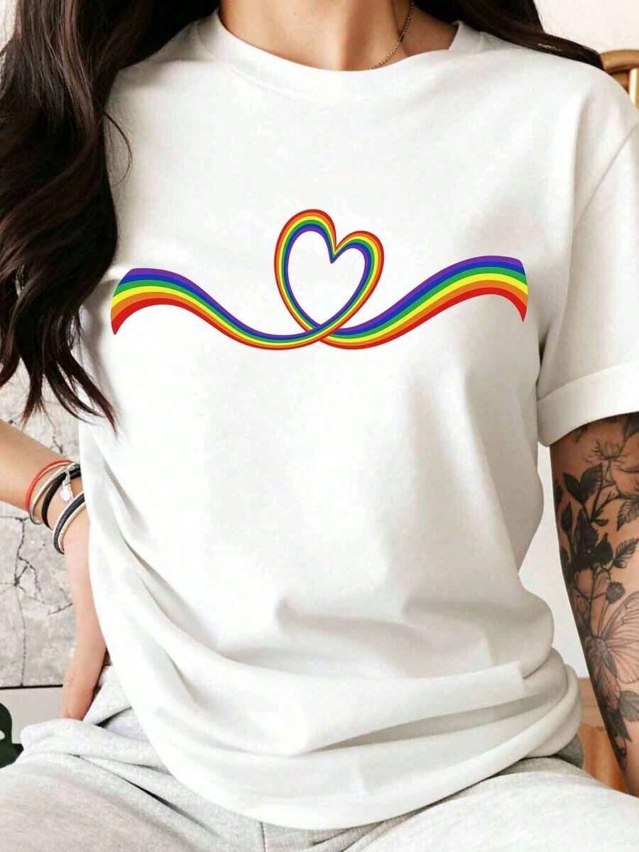Women's T-Shirt With Rainbow Heart Design, White T-Shirt For Pride And Love Celebration, Unisex Casual Clothing In Support Of The Gay, Lesbian, Bisexual And Transgender Community, Awareness And Inclusion Event, Party Gift - 白色 - 查看 1