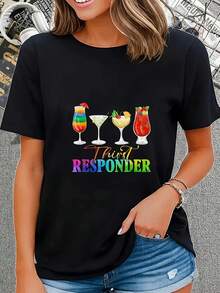 Women's Funny Barmaid Print T-Shirt - Third Party Emergency Cocktail Print T-Shirt, Stretchy - Blend, Machine Washable, Casual Top, Suitable For Spring, Summer And Autumn, Bar Wear, Versatile Seasonal T-Shirt, Bright Print T-Shirt, Comfortable Fit T-Shirt - 黑色 - 查看 1