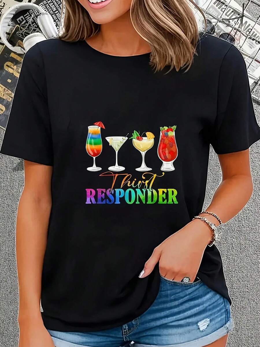 Women's Funny Barmaid Print T-Shirt - Third Party Emergency Cocktail Print T-Shirt, Stretchy - Blend, Machine Washable, Casual Top, Suitable For Spring, Summer And Autumn, Bar Wear, Versatile Seasonal T-Shirt, Bright Print T-Shirt, Comfortable Fit T-Shirt - 黑色 - 查看 1