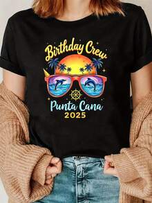 Women's Black Tropical Print T-Shirt - Birthday Crew Punta Cana 2026, Dolphin And Palm Tree Print, Soft And Stretchy Crew Neck, Casual Top, Suitable For Spring And Autumn, Machine Washable, Summer Clothes, Fun Design, Breathable T-Shirt, Short Sleeve - 黑色 - 查看 6