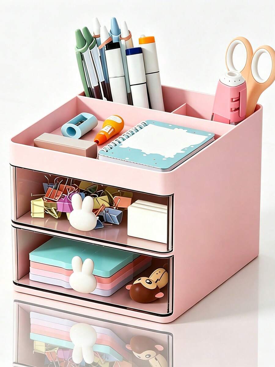 Cartoon Creative Pen Holder, Transparent Rabbit Decor Drawer Storage Box, Rotating Pen Holder, Student Dorm And Office Desk Stationery Storage Box, Back To School Student Supplies, Classroom And Office Supplies - Multicolor - View 1