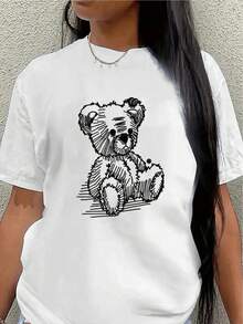 Camiseta de manga corta de poliéster con diseño de oso dibujado, ligera y duradera, adecuada para el hogar, restaurantes o uso casual al aire libre, cómoda y ajustada para el uso diario.blusa casual mujer - Blanco - Ver 7