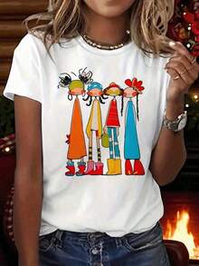 1 Piece Of Oversized T-Shirt With Abstract Graphic Print Of Friends, Short Sleeve, Round Neck, Casual Style For Summer And Spring, Women's Clothing, 180g, 100% Cotton. - 白色 - 查看 5