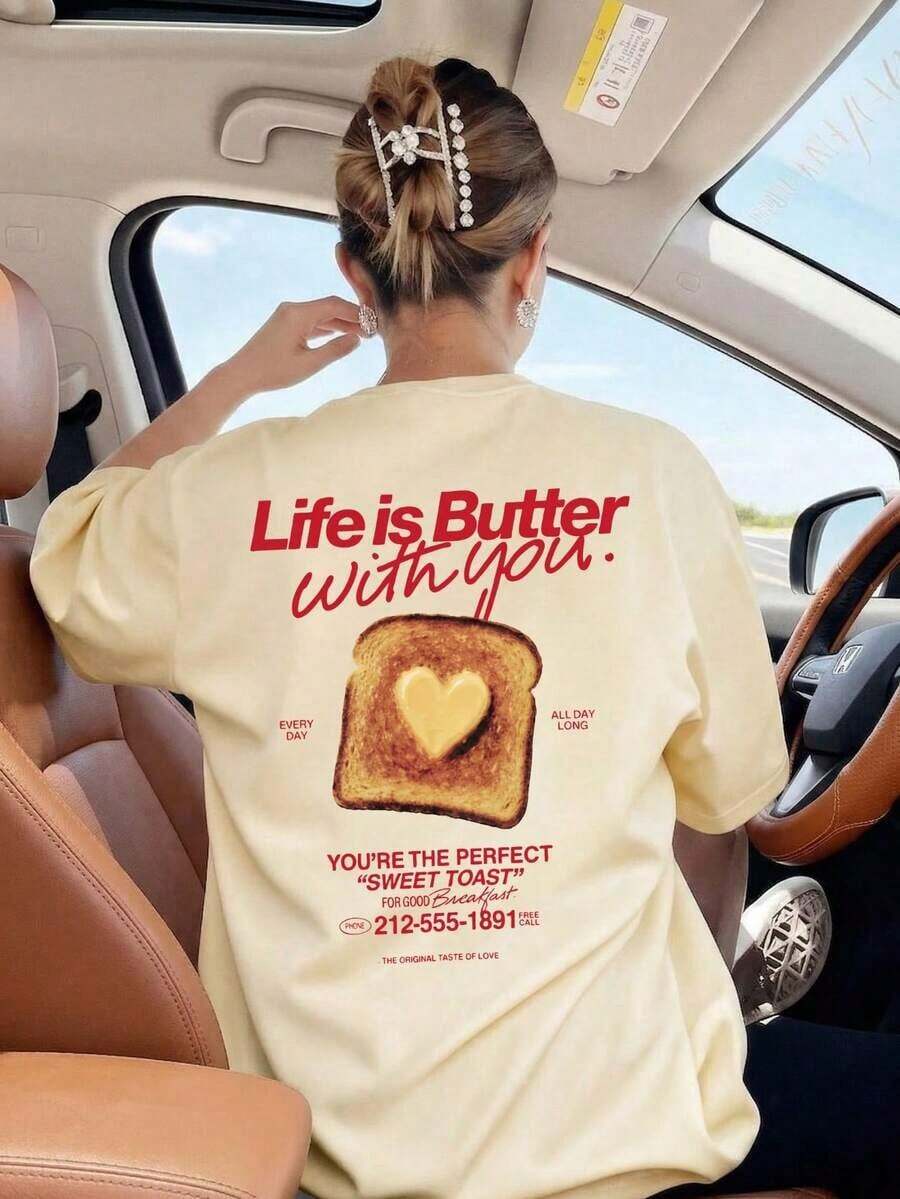 1 Women's Summer T-Shirt, Round Neck, Short Sleeve, White With English Letter Print, Casual Loose Fit, Comfortable To Wear In Summer, Suitable For Beach, Street, Daily Activities, Work, Office, Parties And Other Occasions. - 黃色 - 查看 1