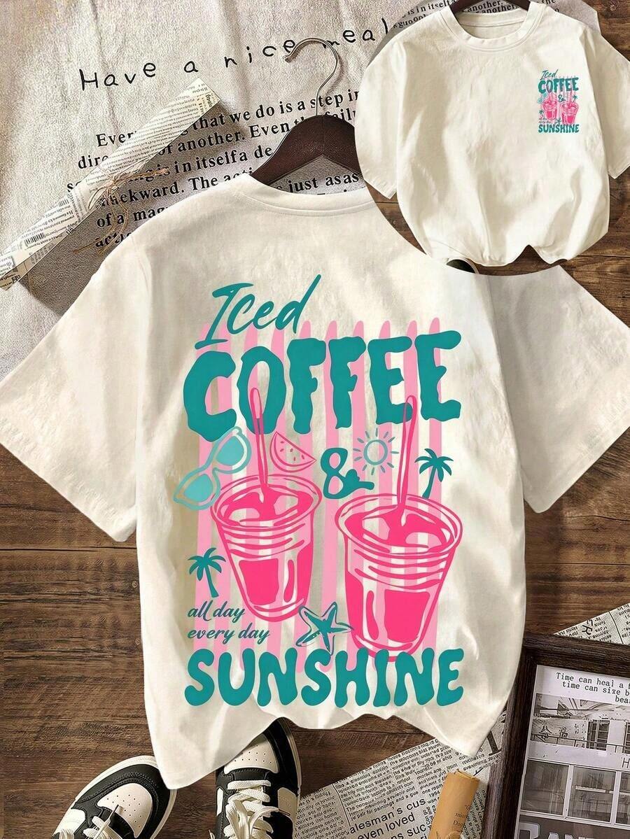 Camiseta con Estampado de Café Helado y Sol, Estilo Retro de los 90, Verano, Casual, Cuello Redondo, Manga Corta, para Mujer - Albaricoque claro - Ver 1