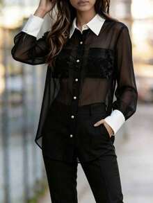 Camisa negra semitransparente de manga larga para mujer, blusa suelta sexy, nueva llegada 2026 - Negro - Ver 6