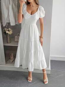 New Women's Summer Maxi Dress, Casual Vacation Style, Balloon Sleeve, Flattering Design, Cool, Perfect For Vacation, Beach, Walks And Day Looks - 白色 - 查看 5