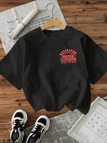 Camiseta de Mujer con Estampado de Letras de Dibujos Animados, Estilo Casual Holgado - Negro - Ver 2