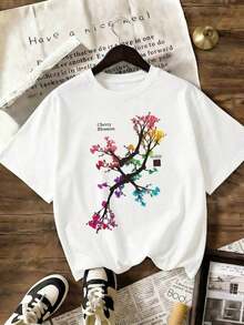Soft, Lightweight And Comfortable Short-Sleeved T-Shirt, Designed For All-Day Wear, With A Colorful Sakura Floral Print In An Interesting Urban Style, White Summer Top With Casual Pattern. - 白色 - 查看 7
