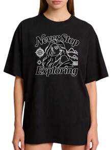 Women's Basic Casual Crew Neck T-Shirt, Sizes S-2XL, 100% Solid Color In Black And White, With "Never Stop Exploring" Print, Mountain And Compass Design, Suitable For Family And Couple Outfits, Perfect For Summer Adventures And Travel Season, Ideal As A Graduation Gift, . - 黑色 - 查看 8