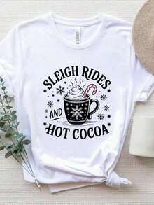 1 Sleigh Rides And Hot Chocolate T-Shirt, Cute Christmas T-Shirt, Hot Chocolate T-Shirt, Women's Christmas T-Shirt, Vintage Sleigh Rides T-Shirt, Winter T-Shirt, 180g 100% Cotton. - 白色 - 查看 6