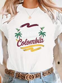 Travel T-Shirt With A Fun Colombian Proverb, Casual Short-Sleeved Round Neck Top, Spring And Summer Clothing For Women, Blouses For Women. - 白色 - 查看 7