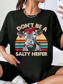 Suave Dont Be A Salty Heifer Cow Camiseta con Gráficos, Diseño Retro Vintage, Camiseta Unisex de Talla Grande, Camiseta con Estampado de Animales Divertidos para Mujeres y Hombres, Ropa Casual de Verano, Idea de Regalo, blusa casual mujer, blusas para mujer, playeras de mujer algodon - Negro - Ver 1