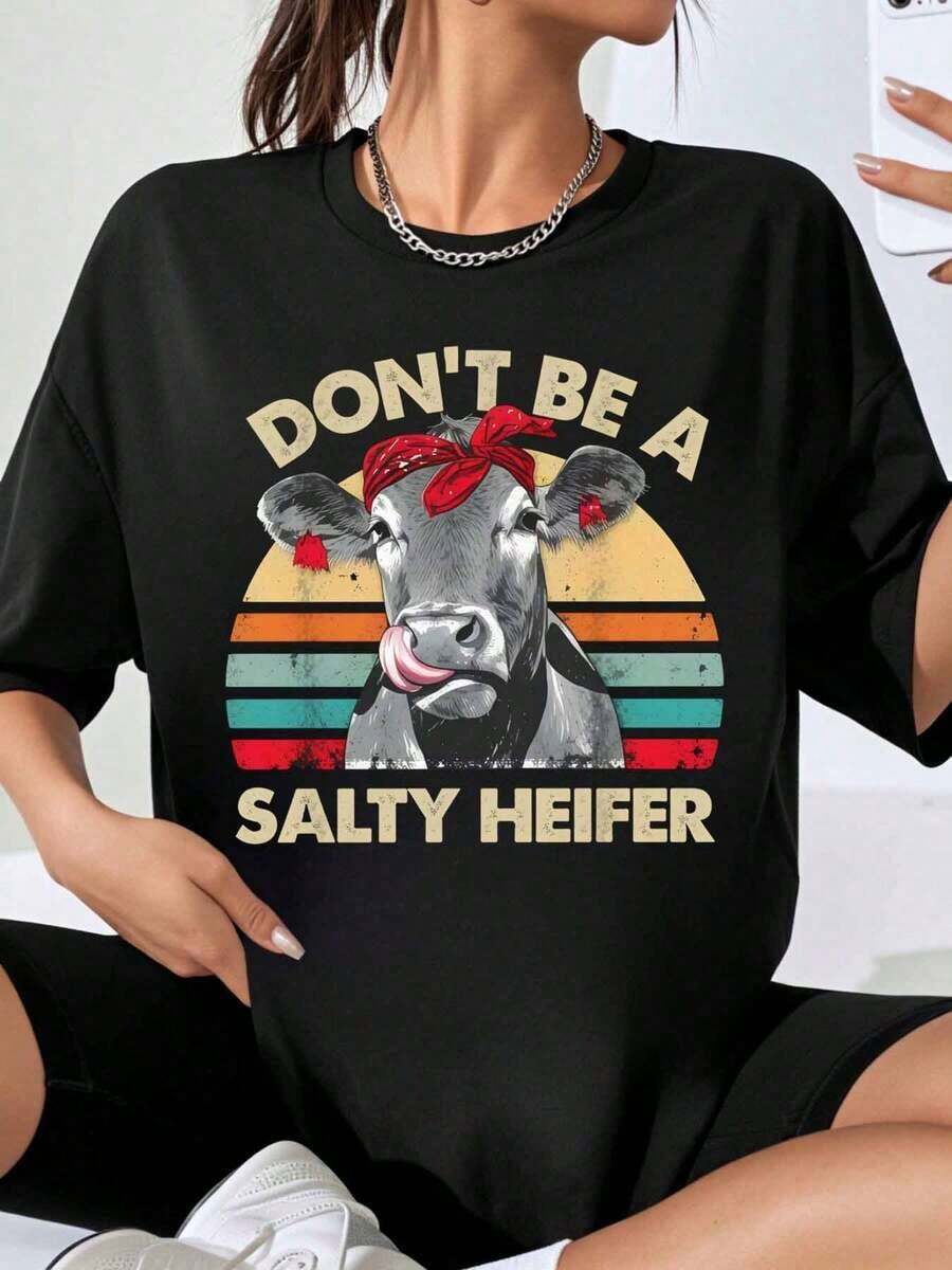 Suave Dont Be A Salty Heifer Cow Camiseta con Gráficos, Diseño Retro Vintage, Camiseta Unisex de Talla Grande, Camiseta con Estampado de Animales Divertidos para Mujeres y Hombres, Ropa Casual de Verano, Idea de Regalo, blusa casual mujer, blusas para mujer, playeras de mujer algodon - Negro - Ver 1