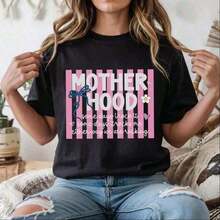 1 Piece Of Women's Vintage Retro Loose Fit Printed Cotton Round Neck Short Sleeve Graphic Print With The Phrase 'Motherhood' In Pink, 180g, 100% Cotton. - 黑色 - 查看 1