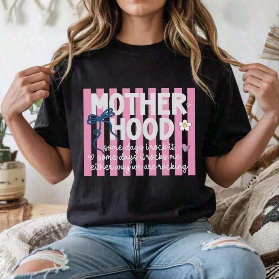 1 Piece Of Women's Vintage Retro Loose Fit Printed Cotton Round Neck Short Sleeve Graphic Print With The Phrase 'Motherhood' In Pink, 180g, 100% Cotton. - 黑色 - 查看 1
