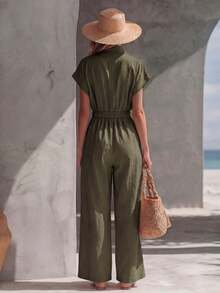 Casual Retro-Style Jumpsuit For Vacation, V-Neck With High Collar, Zipper And Drawstring - Army Green - View 2