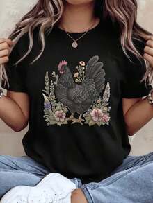 Women's Basic Style T-Shirt, Short Sleeve, Chicken And Flower Print, Casual Everyday Wear, Comfortable Fabric, Perfect As A Gift. Mexican Cultural Print T-Shirt - Moisture-Wicking Short Sleeve T-Shirt For Everyday Wear. - 黑色 - 查看 1