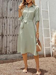 Vestido casual de mujer de unicolor con cinturón de longitud media - Verde - Ver 6