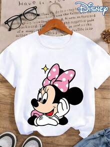 Disney Minnie Mouse Cheeky Print Women'S T-Shirt, Summer Bestie Outfit Casual Fashion Round Neck Short Sleeve Top, Cute Girly Cartoon Preppy Style Women'S Clothing, Outdoor Daily Casual Wear - trắng - Xem 3