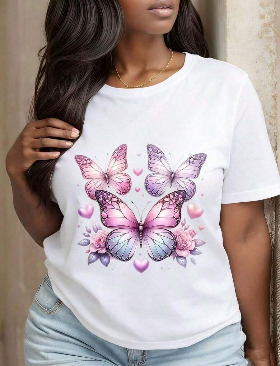 Cotton T-Shirt With Bohemian Butterfly And Floral Heart Pattern Design, Fashionable Casual T-Shirt For Women, Summer Clothes, Gift For Her On Her Birthday Or Valentine's Day - 白色 - 查看 1