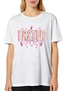 100% Pure Cotton, Women's T-Shirt Elegant Women's T-Shirt With Floral Easter Bunny And Rose Bow Eggs Pattern Print Comfortable Round Neck Short Sleeve T-Shirt 2026 Summer, Short Sleeve, Printed, Vintage Style, Crew Neck, Lightweight Stretch Fabric, Regular Fit Perfect For Adults - 白色 - 查看 6