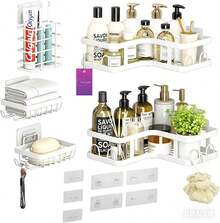 No-Drill Adhesive 5-Piece Corner Bathroom Shelf Set – Large Capacity, Space-Saving Storage Rack Available In Two Colors (Black/White), Includes A Soap Dish, Toothbrush Holder, And Hooks. Waterproof And Rustproof, Suitable For Kitchens, Dining Rooms, Parties, And Makes A Great Gift For Friends And Family, Christmas Decoration, Home Décor, Valentine's Day Gift, Family Gift, And Room Decor. - 白色 - 查看 3