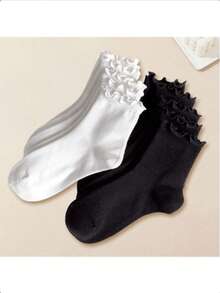 1/3/5 Pairs Women's Cute Ruffle Edge Short Socks, Black And White Color, Polyester Spandex Blend, Machine Washable - Multicolor - View 1