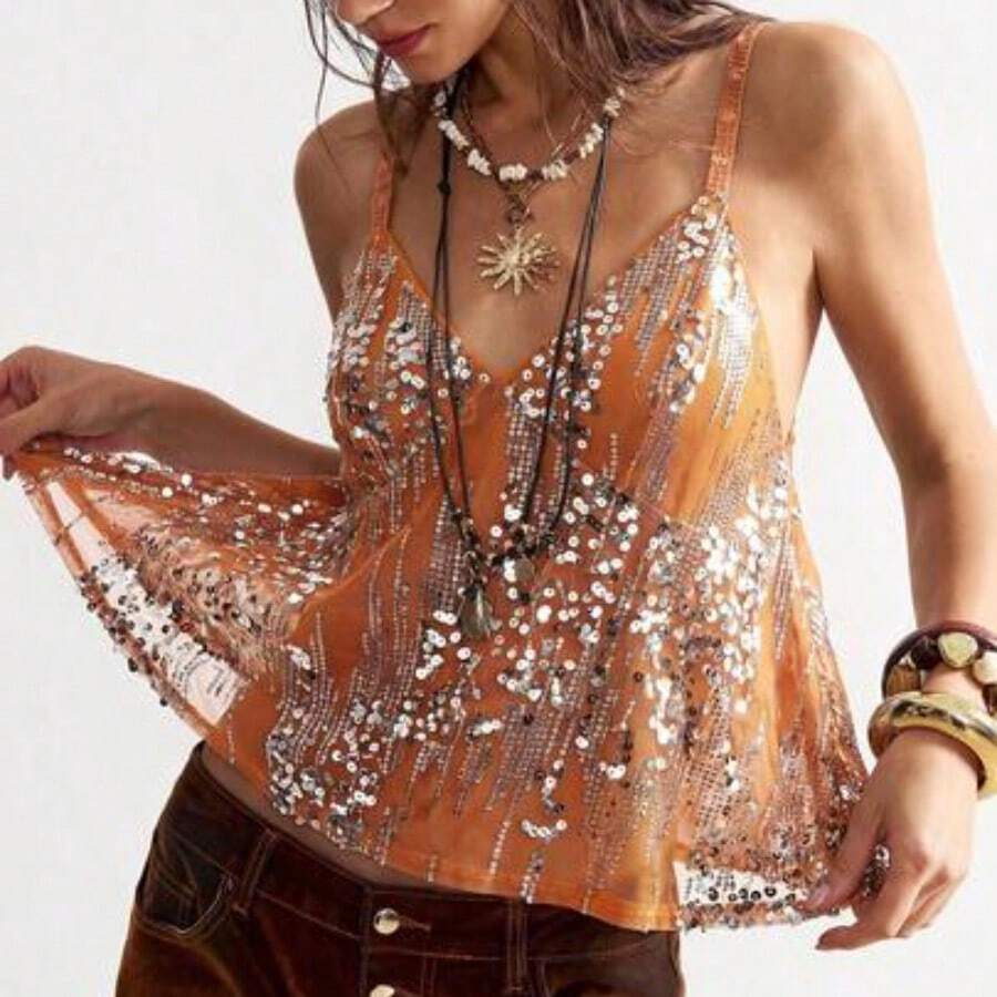 Ropa de abrigo bohemia para invierno/primavera/verano, parte superior de tirantes elegante con volantes y lentejuelas de unicolor para mujer, estilo occidental y campestre para conciertos y fiestas, adecuado para vacaciones en la playa, uso diario, vuelta al colegio, salidas y fiestas, Año Nuevo, San Valentín - Naranja - Ver 1