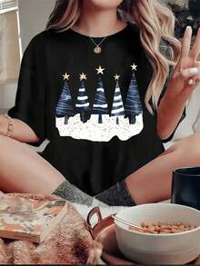 Women's Casual Blouse, Simple Style For Everyday Wear, 1 Piece, Wowo'S 180G Christmas T-Shirt, Christmas Tree Stars, Christmas Gift, Clothing For Family Gatherings, Winter Clothing, Festive Shirt, Autumn Clothing, Suitable For Daily Wear, Soft And Simple, Short Sleeve - 黑色 - 查看 7