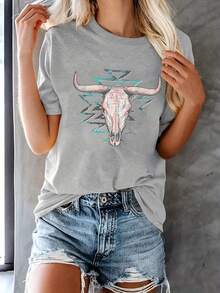 Camiseta con estampado de cabeza de vaca, top casual de manga corta y cuello redondo para verano y primavera, ropa de mujer. - Negro - Ver 10