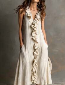 Women's Cotton And Linen Swing Dress, Sleeveless, V-Neck, Solid Color, Ruffled Trim, Spring-Summer - Apricot - View 3