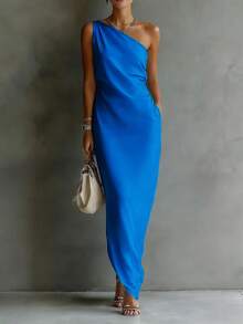 Vestido largo ajustado de satén con un solo hombro y drapeado en color sólido, novedad 2026 - Azul - Ver 1