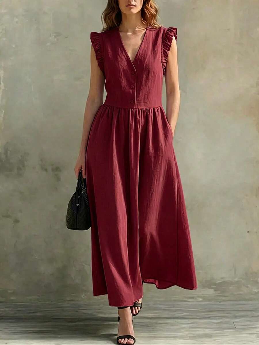 Women's Sleeveless Dress Spring Summer 2026, V-Neck With Ruffled Edges In Cotton Linen Fabric, Casual Style - Màu Đỏ Sâu - Xem 1