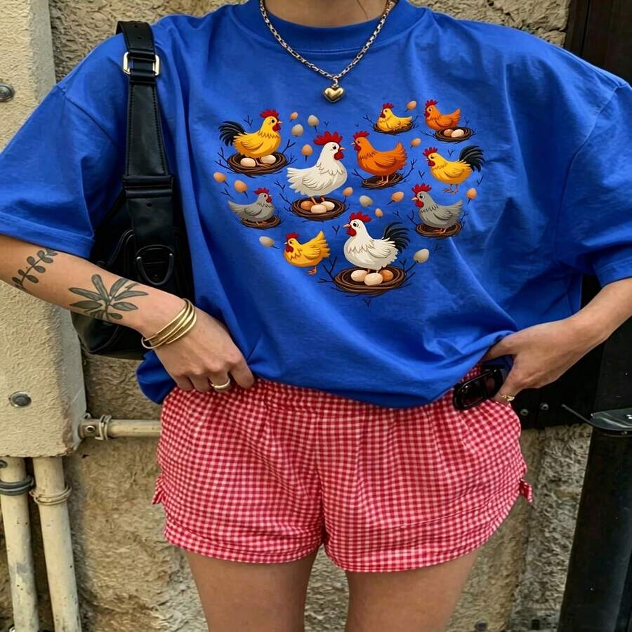 Cute Daily Casual Graphic T-Shirt 100% Cotton Oversized Soft Breathable Casual Crewneck Short Sleeve Top Aesthetic Daily Fashion Lovers Casual Wearers Basic Vintage Minimalist Style Gift Givers - 藍色 - 查看 1