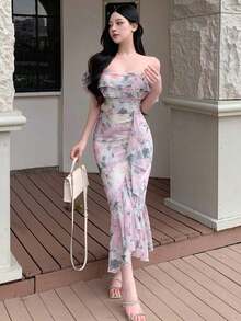 xheDAZY Vestido de verano con escote descubierto, bajo de cola de sirena y estampado floral diminuto para mujeres, ideal para el Día de San Valentín, Pascuaxhe - Rosa - Ver 3