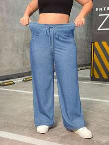 Jeans casuales de talla grande con cintura elástica retorcida de unicolor - Lavado ligero - Ver 5