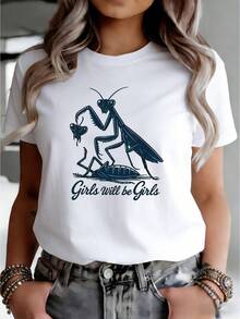 Limited Time Offer, Limited Quantities, Flash ! Women's Casual Shirts, Women's Polyester T-Shirts, Stylish Shirts. T-Shirt With A Praying Mantis Illustration And "Will Be" Print, Versatile Summer Casual Wear For Women, Short Sleeves, Crew Neck, Comfortable Fabric - 白色 - 查看 9