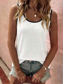 LUNE La nueva moda primavera y verano, chaleco casual de cuello redondo a rayas azul y blanco con cuello profundo rojo en contraste - Blanco - Ver 5