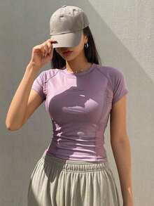 Camiseta deportiva de mujer de ajuste ceñido de unicolor, cuello redondo, manga corta, ropa de vuelta al colegio - Morado - Ver 3